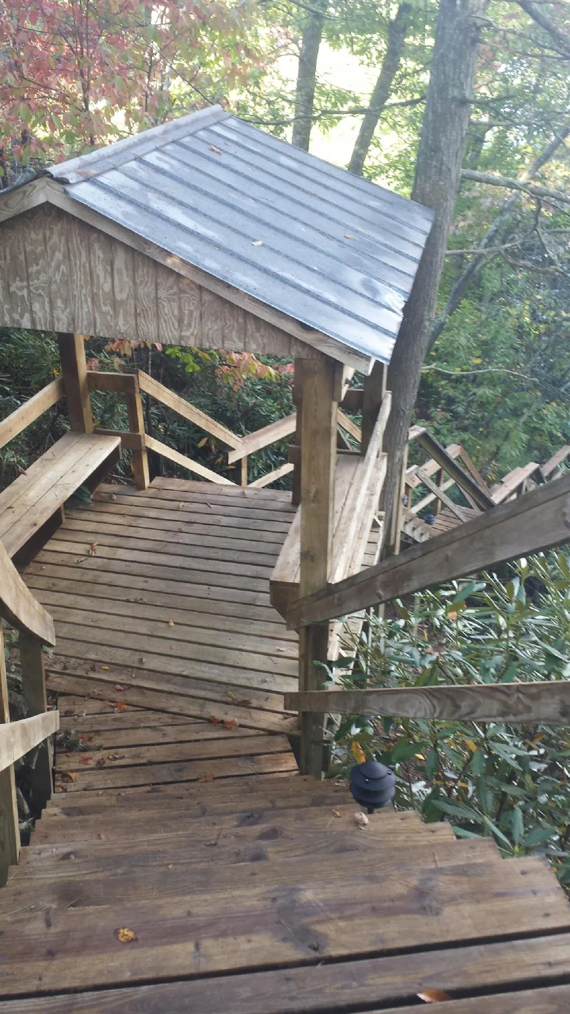 Metal roofed shelter over wooden steps on a wooded walkway — Skylight Repair & Installation work by our crew in Theodore